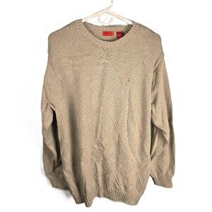 IZOD Mens Sweater Large Pullover Tan Cable Knit Argyle Logo 100% Cotton Preppy
